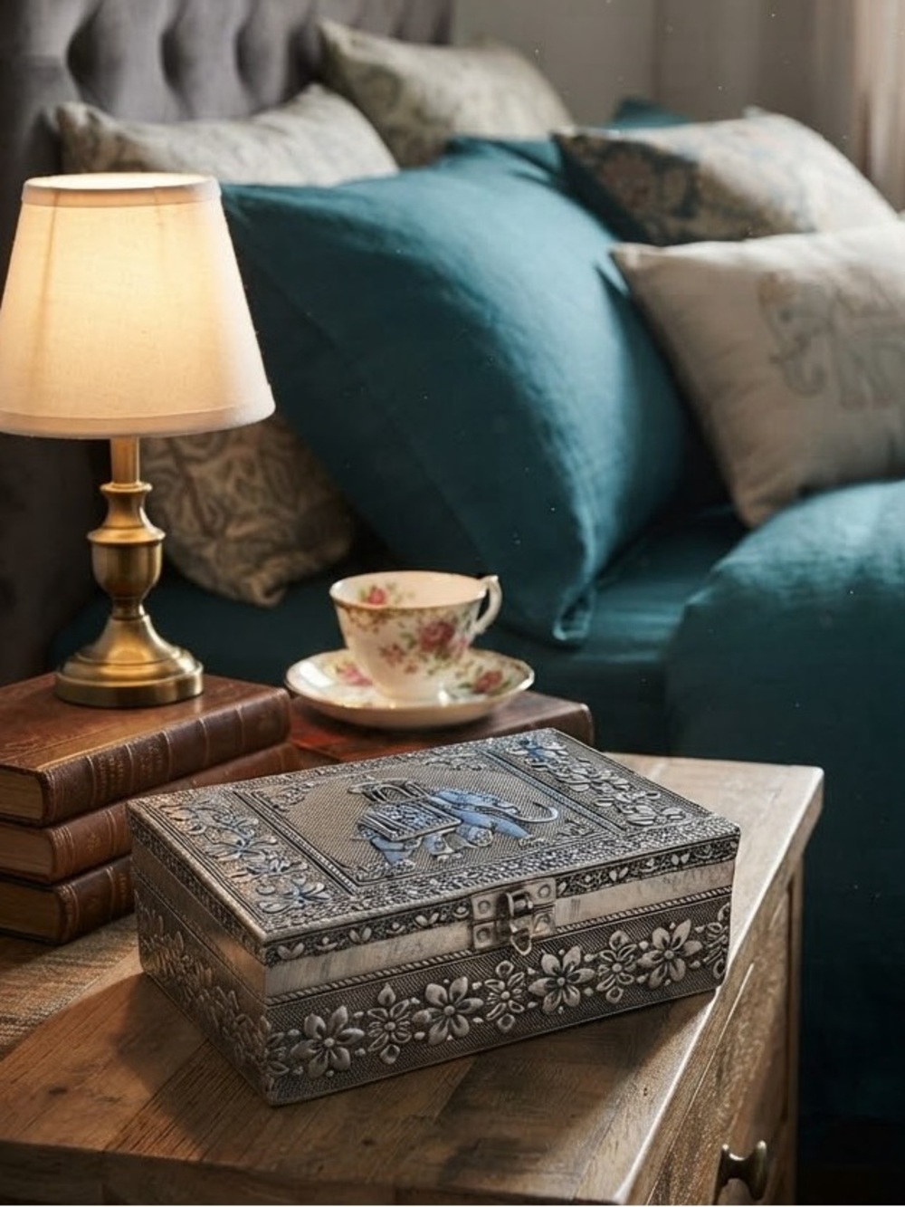 Decorative Embossed Metal Jewelry Box in Teal Accent Setting